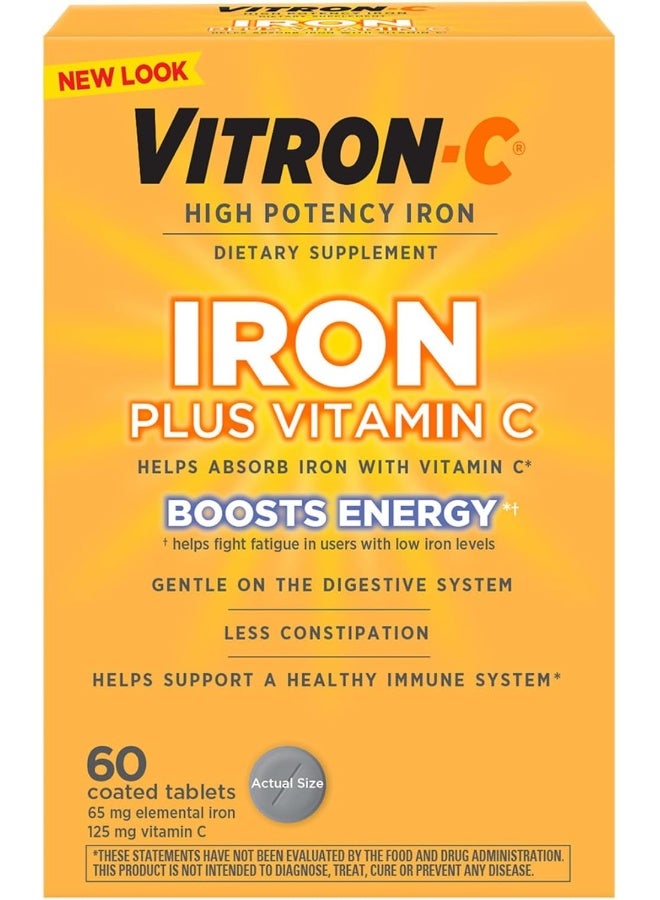 Vitron-C Iron Supplement, Once Daily, High Potency Iron Plus Vitamin C, Dye Free Tablets, 60 Count
