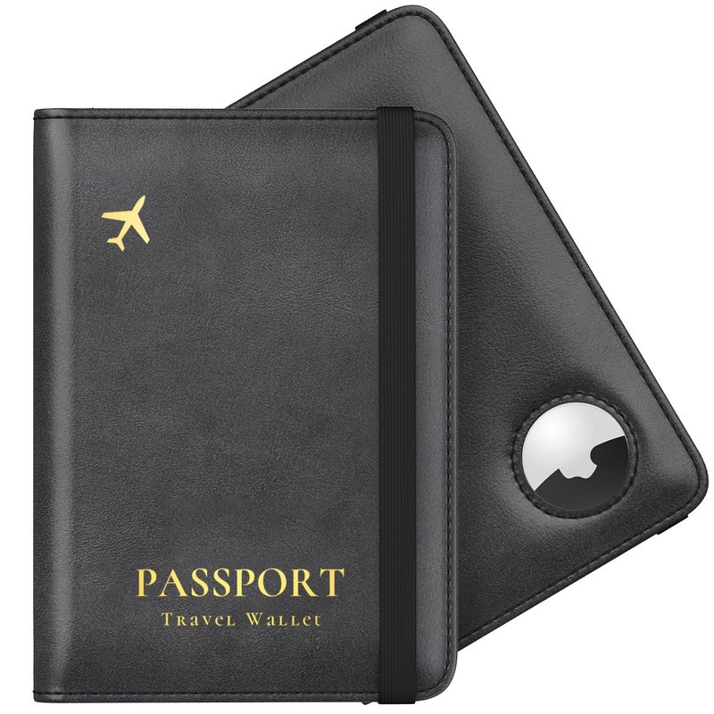 Stouchi AirTag Passport Holder, Slim Passport Holder Family with Airtag Slot, RFID Passport Wallet Cover for Men, PU Leather Passport Case, Anti-Lost Travel Accessories, Black - Image 1