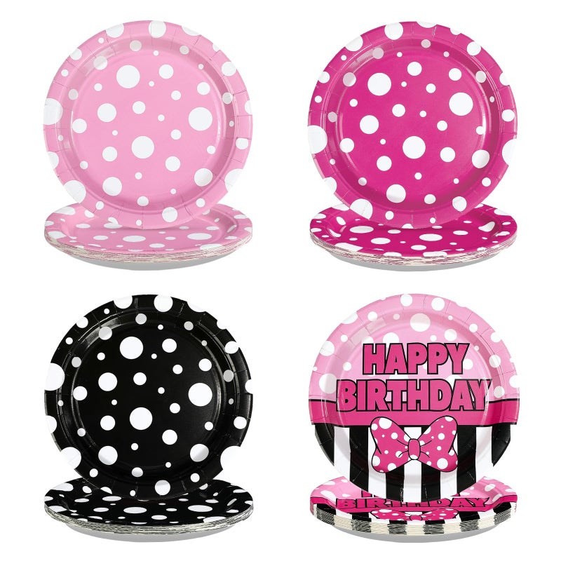 Greencian 60Pcs Pink Mouse Birthday Paper Plates 9" Heavy Duty Disposable Cartoon Mouse Birthday Dessert Plates Pink Black White Polka Dot Bow Party Decorations for Kids Girls Bday Baby Shower Party Supplies - Image 1