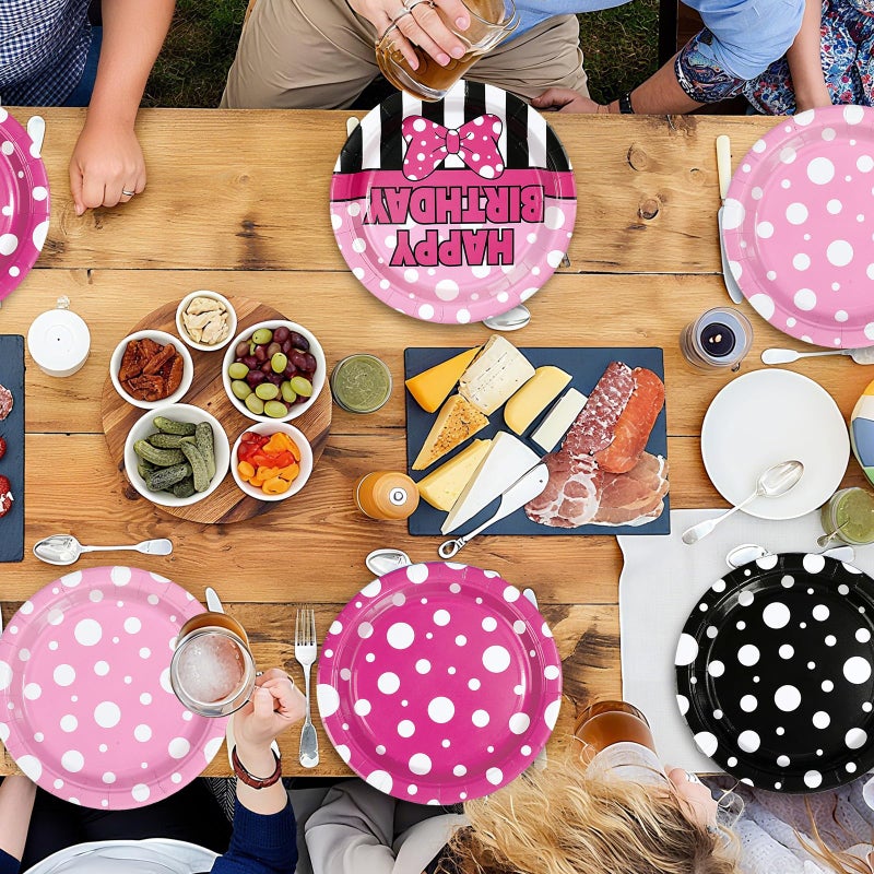 Greencian 60Pcs Pink Mouse Birthday Paper Plates 9" Heavy Duty Disposable Cartoon Mouse Birthday Dessert Plates Pink Black White Polka Dot Bow Party Decorations for Kids Girls Bday Baby Shower Party Supplies - Image 4