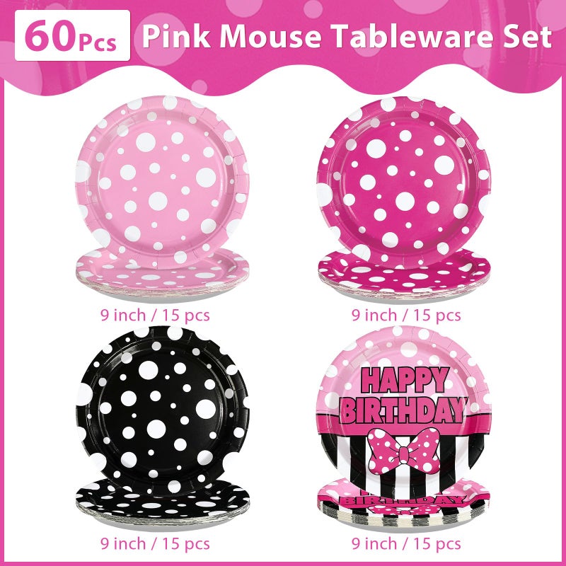 Greencian 60Pcs Pink Mouse Birthday Paper Plates 9" Heavy Duty Disposable Cartoon Mouse Birthday Dessert Plates Pink Black White Polka Dot Bow Party Decorations for Kids Girls Bday Baby Shower Party Supplies - Image 2