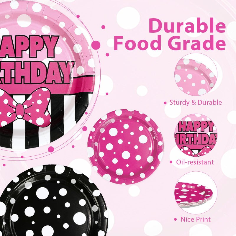 Greencian 60Pcs Pink Mouse Birthday Paper Plates 9" Heavy Duty Disposable Cartoon Mouse Birthday Dessert Plates Pink Black White Polka Dot Bow Party Decorations for Kids Girls Bday Baby Shower Party Supplies - Image 3