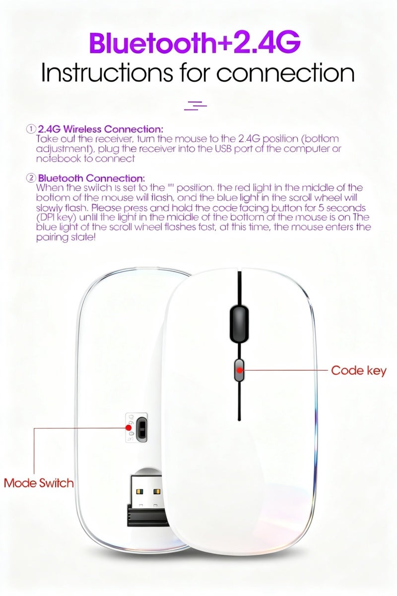 ماوس لاسلكي بلوتوث، ثنائي الوضع بلوتوث 5.1 و 2.4 جيجا هرتز، قابل للشحن عبر منفذ Type-C، صامت بإضاءة خلفية RGB و 3 مستويات DPI قابلة للتعديل للكمبيوتر المحمول والجهاز اللوحي (أبيض) - Image 5
