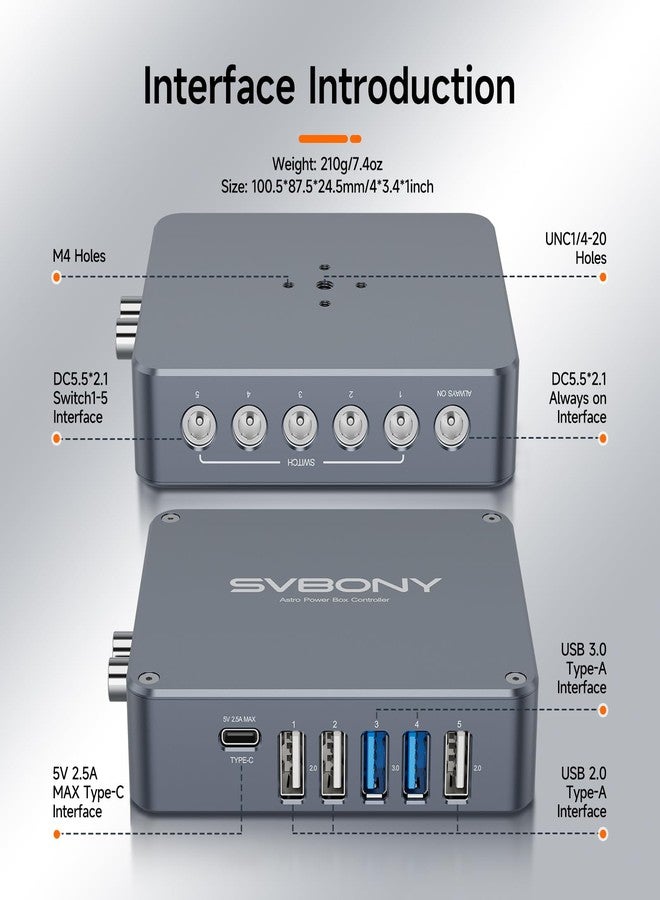 اس في بيوني محول طاقة تلسكوب فلكي SVBONY SV241، صندوق موزع USB صغير التيار المستمر، مخرج عالي السرعة وواجهة من النوع C، متوافق مع مصادر طاقة متنوعة، موزع USB مدمج للتصوير الفلكي الخارجي - Image 3