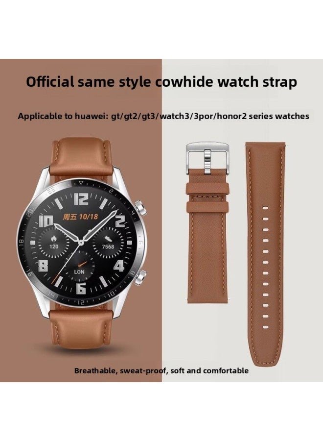 Loquat For Huawei GT2 Strap Gt2 Watch Universal Watchgt2 Leather Watch Chain 2E Vitality Pro Real Cowhide-Color:Gt Model-genuine Leather Strap-brown-steel Color Pin Buckle-【For Huawei Gt2/gt3 46mm】  - Image 2