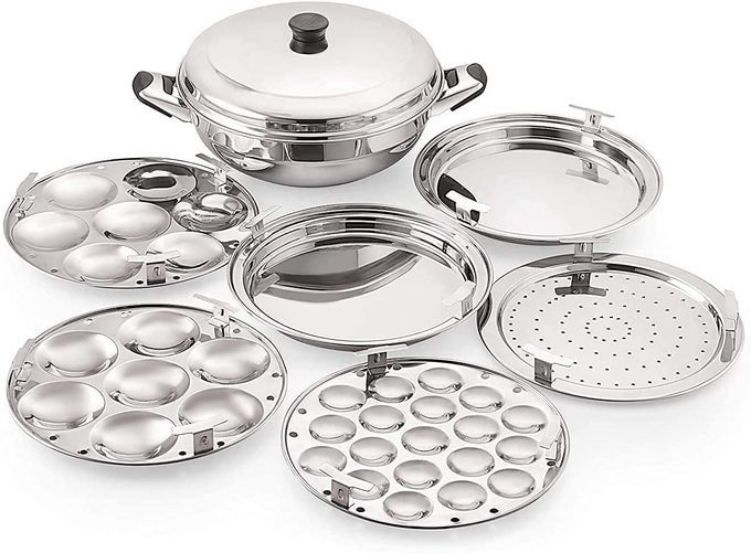 TABAKH STAINLESS STEEL MULTI KADAI WITH STEAMER PLATE MINI IDLI PLATE 2 IDLI PLATES 2 DHOKLA PLATES INDUCTION FRIENDLY