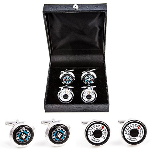MRCUFF Compass & Thermometer 2 Pairs Cufflinks in a Presentation Gift Box & Polishing Cloth - Image 2