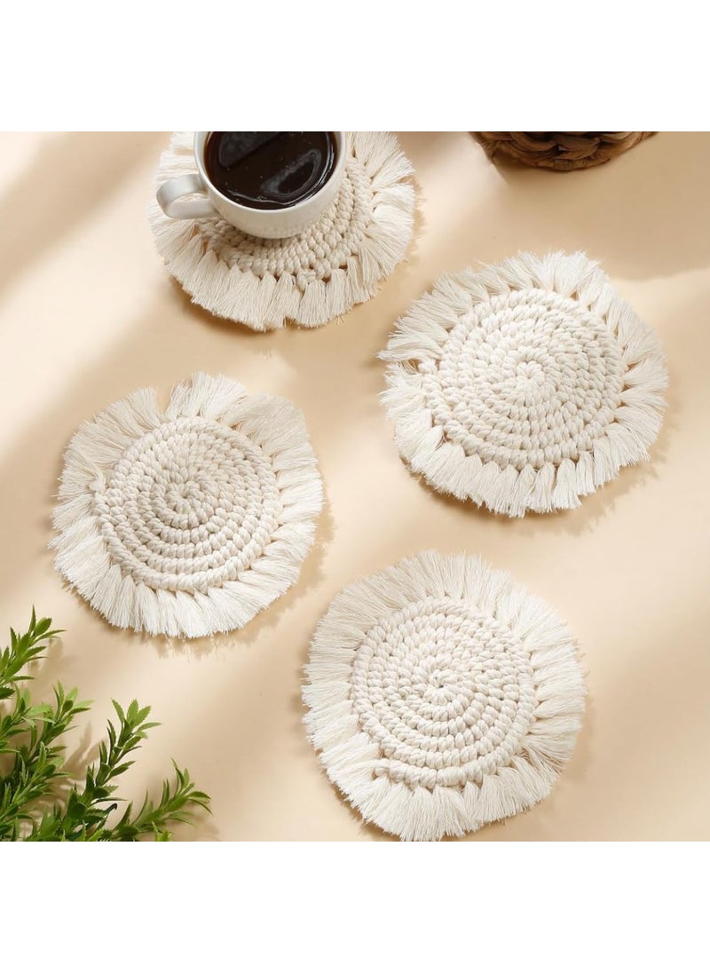 TMS - tms Boho Circle Macramé Coaster with Fringe, Off-White, 15.24 cm Diameter, Handcrafted, Decorative Drink Coasters, Natural Fibers, Table Décor Accessories (Round Set of 4) - Image 1