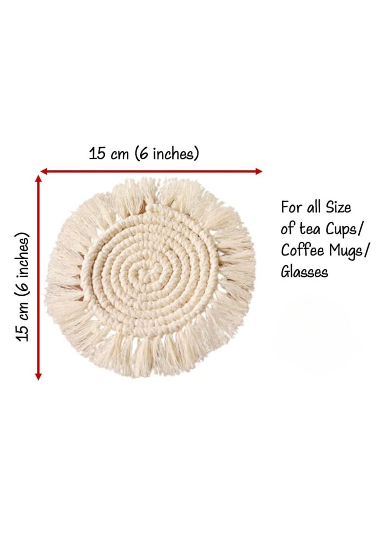 TMS - tms Boho Circle Macramé Coaster with Fringe, Off-White, 15.24 cm Diameter, Handcrafted, Decorative Drink Coasters, Natural Fibers, Table Décor Accessories (Round Set of 4) - Image 1