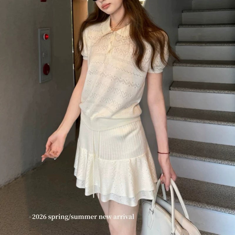 Two-Color Korean Knit Suit with Doll Collar Short Sleeve Top and Skirt - Image 3