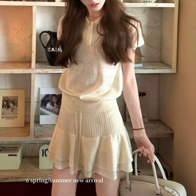 Two-Color Korean Knit Suit with Doll Collar Short Sleeve Top and Skirt - Image 1