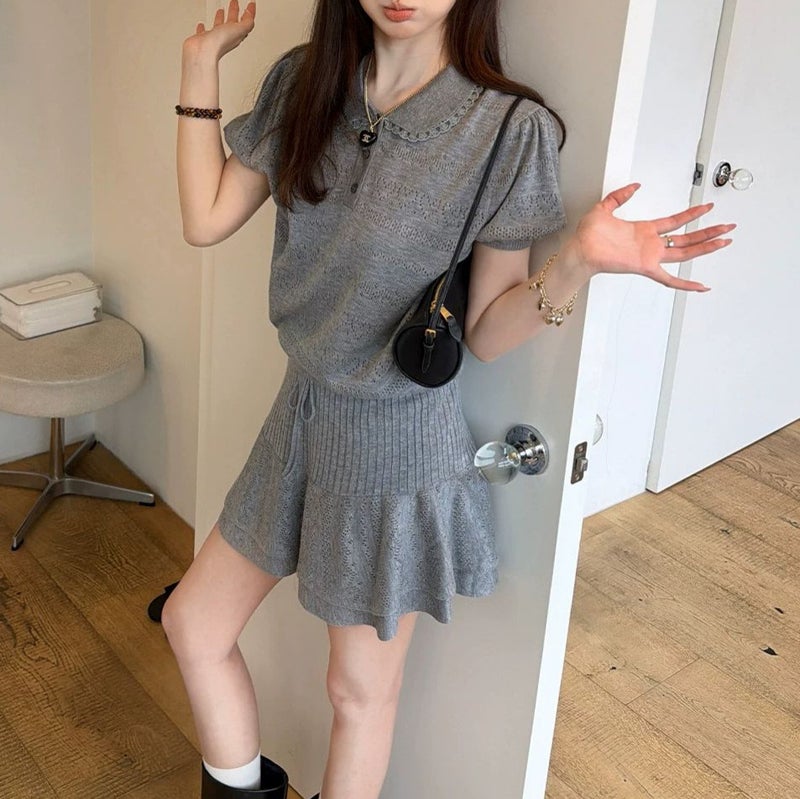 Two-Color Korean Knit Suit with Doll Collar Short Sleeve Top and Skirt - Image 2