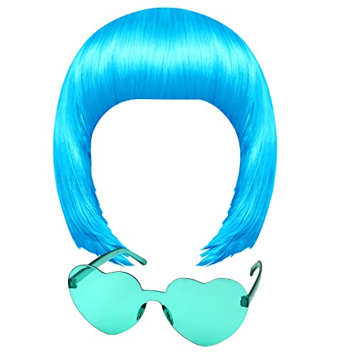 MIAHART Light Blue Short Bob Wig and Sunglass Set, Neon Colored Wigs Colorful Cosplay Daily Party Hairpieces for Bachelorette Neon Party Favors Halloween Decorations Supplies - Image 1
