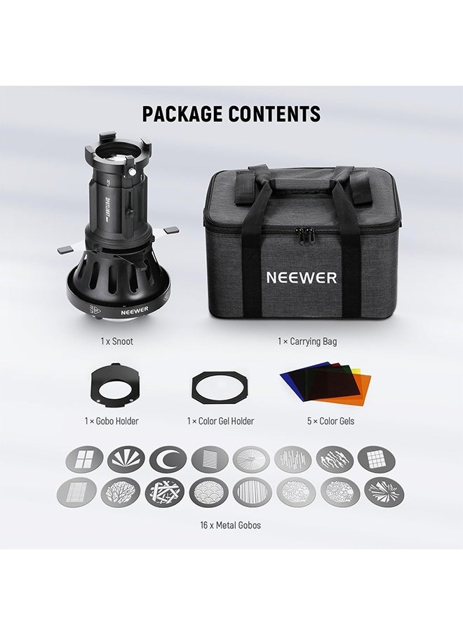 Neewer - NEEWER Spotlight Snoot with 20° Projection Lens, Adjustable Focus, 16 Metal Gobos 5 Color Gels, Bag, Conical Snoot for Bowens Mount LED Continuous Output Lighting Studio Video Light Up to 300W, LS-39 - Image 1