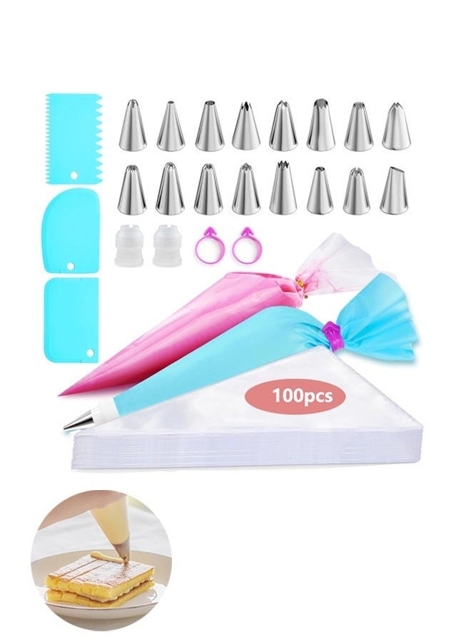 Piping Bags and Tips Set, Cakes Decorating Supplies Kit with 100pcs 12 Inch Pastry Bags, 16 Piping Tips, 3 Cake Scraper, 2 Couplers, 2 Bag Ties, Simple and Convenient Baking Supplies Set - Image 1