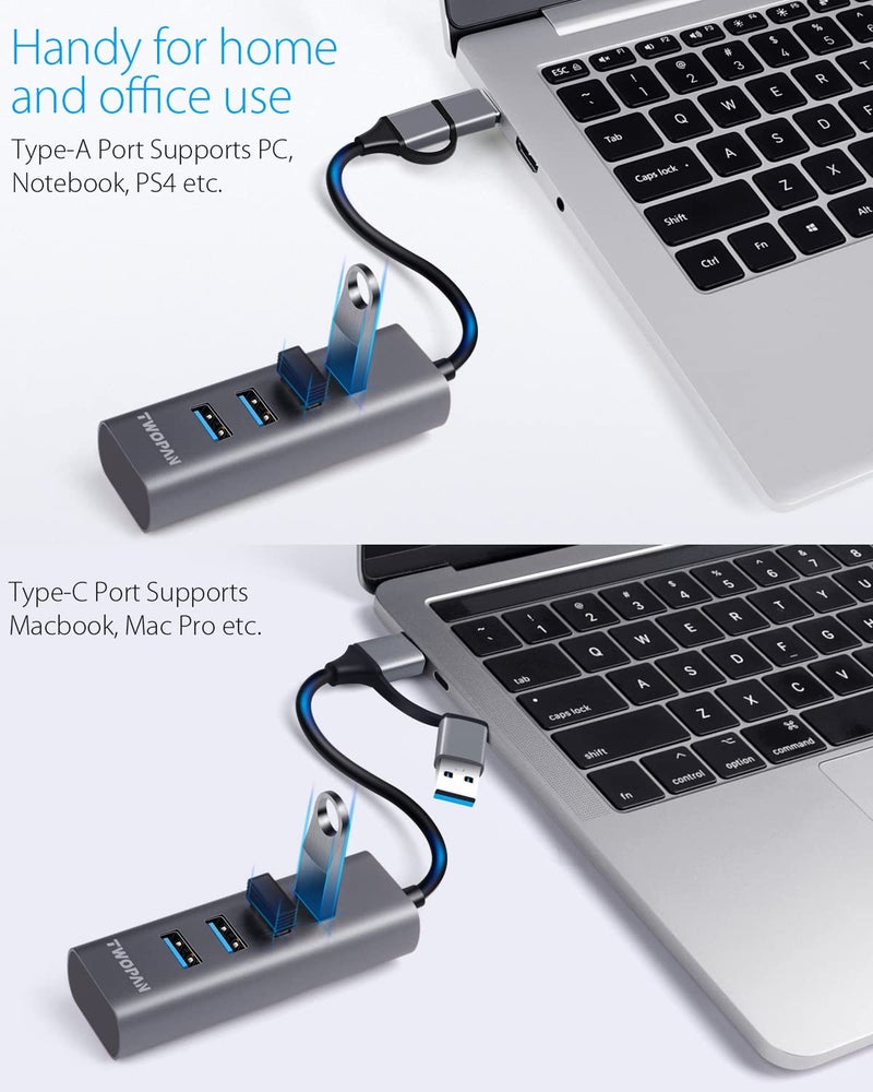 TWOPAN 4-Port USB 3.0 Hub for Laptop, Aluminum Alloy, USB-A & USB-C Plugs, 5Gbps Data Transfer, Compatible with MacBook Pro/Air, iMac, iPhone 16/15, Desktops, Tablets, Keyboard, Mouse, Mobile HDD - Image 3