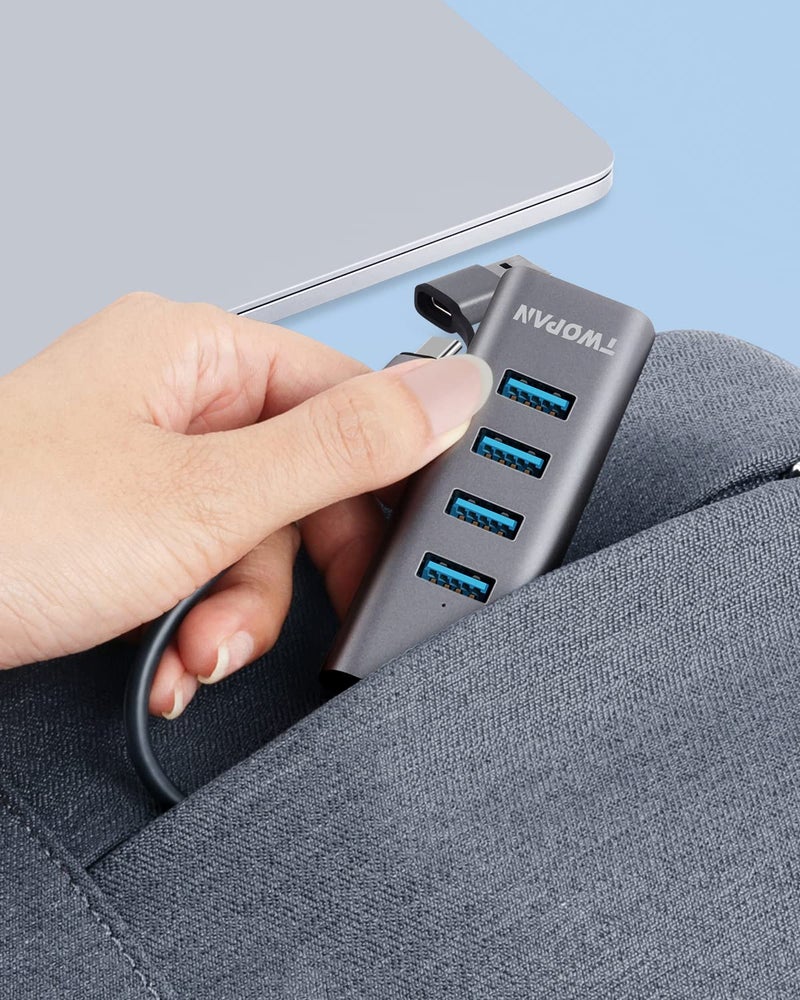 TWOPAN 4-Port USB 3.0 Hub for Laptop, Aluminum Alloy, USB-A & USB-C Plugs, 5Gbps Data Transfer, Compatible with MacBook Pro/Air, iMac, iPhone 16/15, Desktops, Tablets, Keyboard, Mouse, Mobile HDD - Image 5