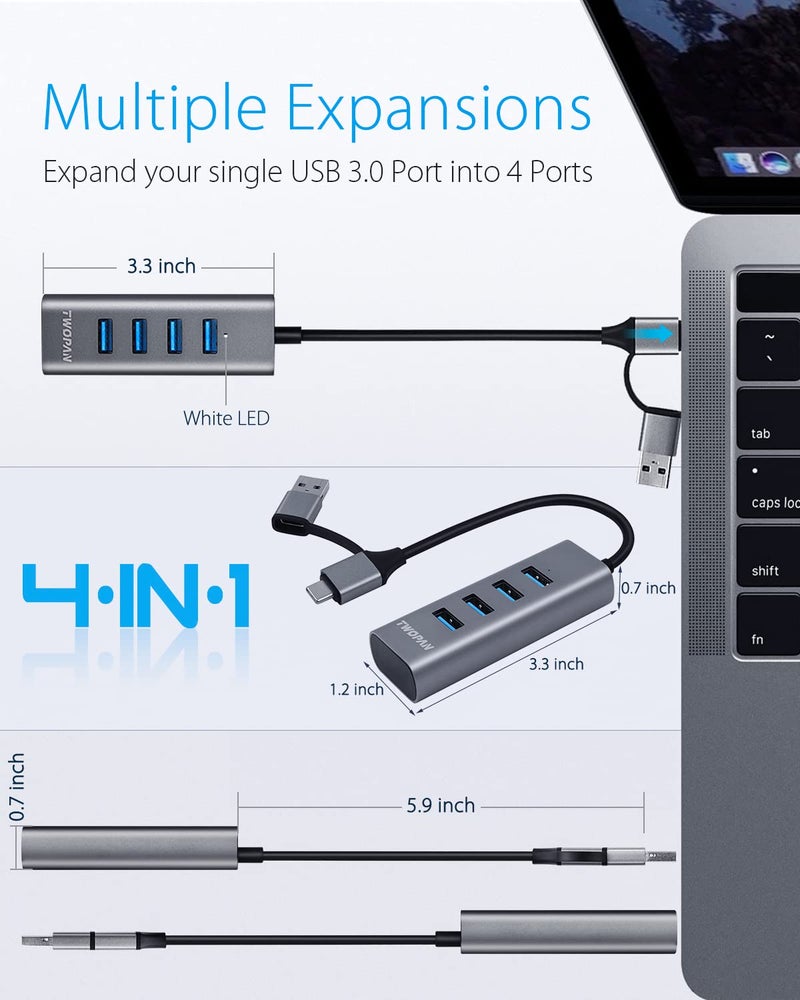 TWOPAN 4-Port USB 3.0 Hub for Laptop, Aluminum Alloy, USB-A & USB-C Plugs, 5Gbps Data Transfer, Compatible with MacBook Pro/Air, iMac, iPhone 16/15, Desktops, Tablets, Keyboard, Mouse, Mobile HDD - Image 4