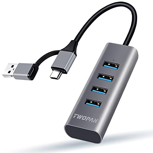 TWOPAN 4-Port USB 3.0 Hub for Laptop, Aluminum Alloy, USB-A & USB-C Plugs, 5Gbps Data Transfer, Compatible with MacBook Pro/Air, iMac, iPhone 16/15, Desktops, Tablets, Keyboard, Mouse, Mobile HDD - Image 1