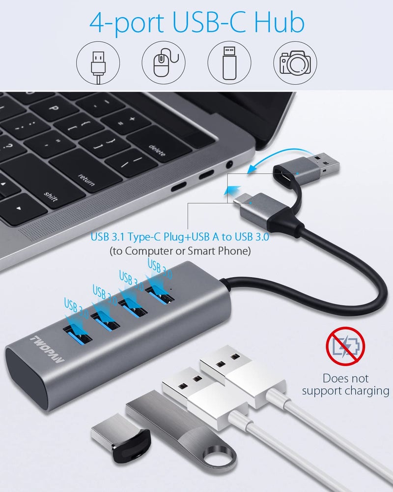 TWOPAN 4-Port USB 3.0 Hub for Laptop, Aluminum Alloy, USB-A & USB-C Plugs, 5Gbps Data Transfer, Compatible with MacBook Pro/Air, iMac, iPhone 16/15, Desktops, Tablets, Keyboard, Mouse, Mobile HDD - Image 2
