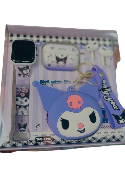 Kuromi - themed smartwatch set includes a watch with a patterned band, a protective case, a keychain, and a pair of earbuds for children