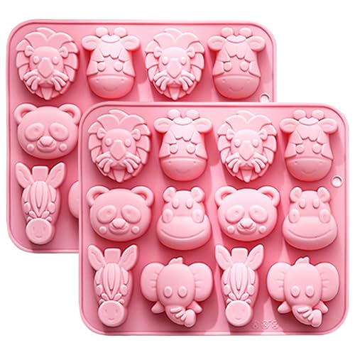 Fchil Animal Silicone Mold Set, Zoo Safari Shapes, 12 Cavity Design, Pink, Pack of 2 - Image 1