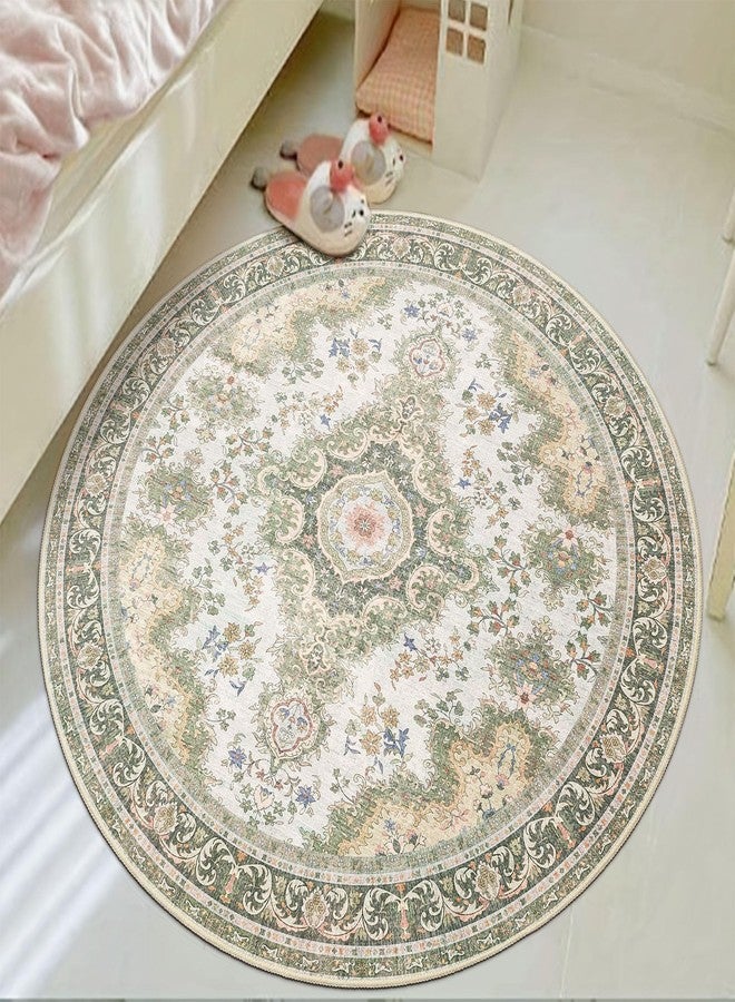 Castage Green Round Rug 4ft,Circle Washable Area Rugs for Bedroom Bathroom Entryway,Small Boho Vintage Bohemian Distressed Oriental Floral Carpet Non Slip,Sage Floral - Image 4