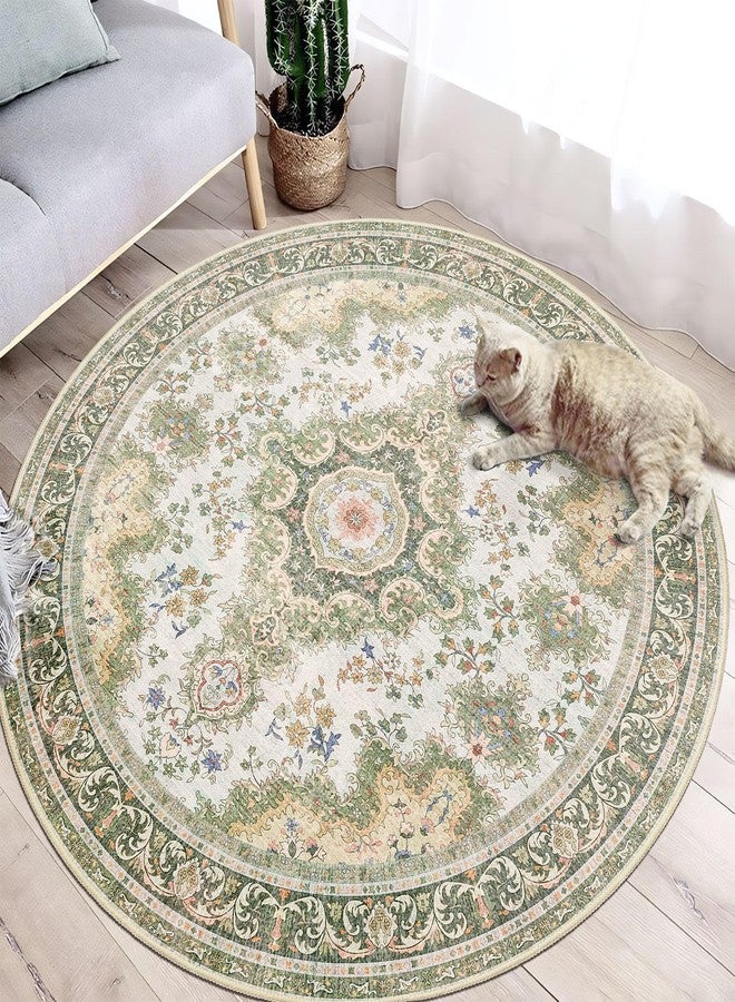 Castage Green Round Rug 4ft,Circle Washable Area Rugs for Bedroom Bathroom Entryway,Small Boho Vintage Bohemian Distressed Oriental Floral Carpet Non Slip,Sage Floral - Image 2