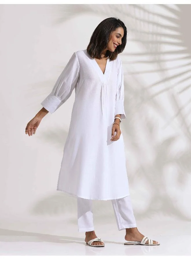 White Slub Kurta Set