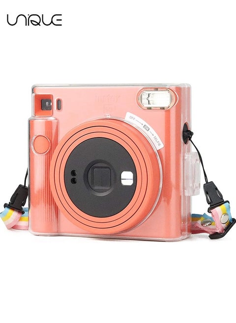 Protective Clear Case for Instax Square SQ1 Instant Film Camera, Crystal Hard PC Cover for Instax Square SQ1 with Removable Rainbow Shoulder Strap