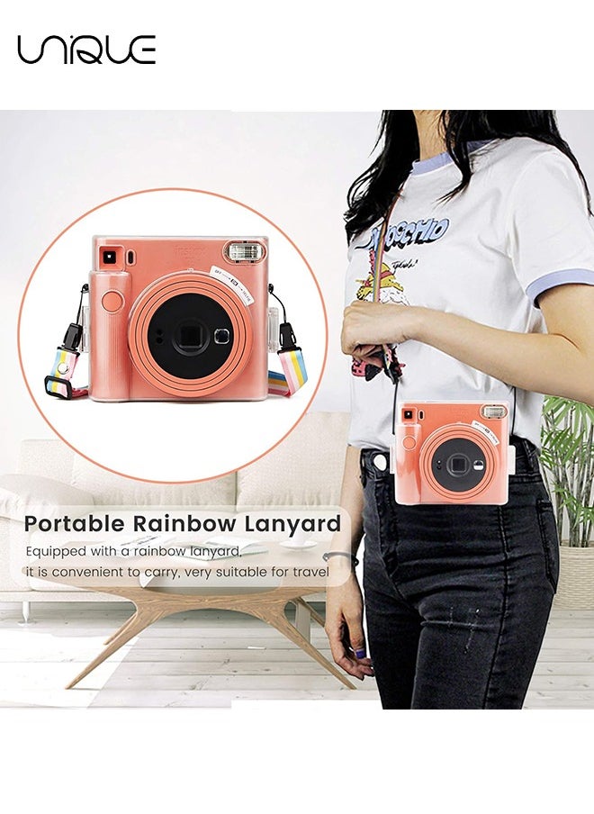 Protective Clear Case for Instax Square SQ1 Instant Film Camera, Crystal Hard PC Cover for Instax Square SQ1 with Removable Rainbow Shoulder Strap