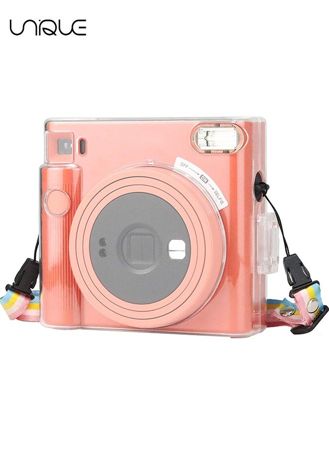 Protective Clear Case for Instax Square SQ1 Instant Film Camera, Crystal Hard PC Cover for Instax Square SQ1 with Removable Rainbow Shoulder Strap