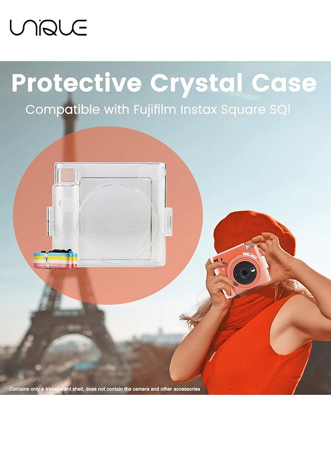 Protective Clear Case for Instax Square SQ1 Instant Film Camera, Crystal Hard PC Cover for Instax Square SQ1 with Removable Rainbow Shoulder Strap