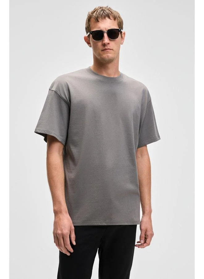 GRIMELANGE FEON Men's Oversized Wide Cut %100 Organic Cotton Thick Texture Round Neck Light Gray T-Shirt