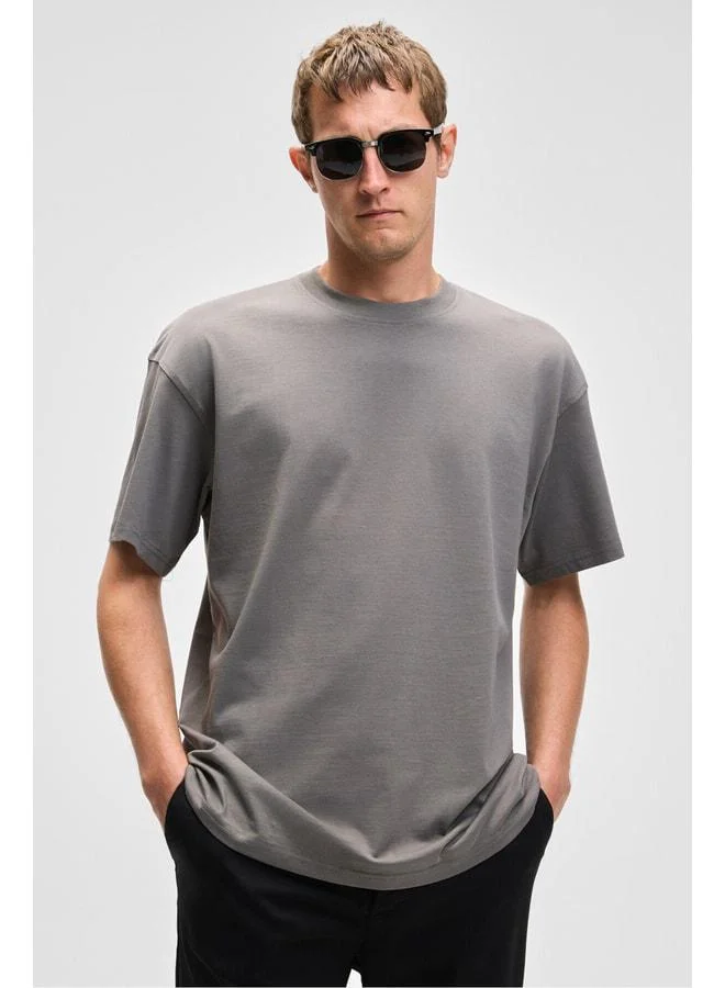 GRIMELANGE FEON Men's Oversized Wide Cut %100 Organic Cotton Thick Texture Round Neck Light Gray T-Shirt