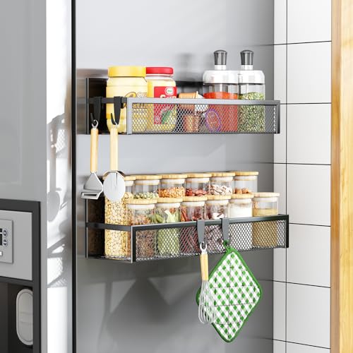 Aufworld Magnetic Spice Rack for Refrigerator, 2 Pack Magnetic Shelf, Fridge Magnet Organizer with Moveable 4 Hooks, Magnetic Fridge Shelf for Kitchen Organization and Storage (2 Pack) - Image 1