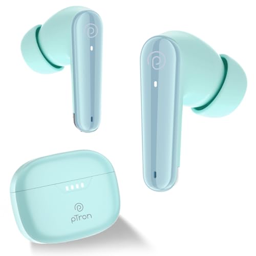 pTron Basspods Tour TWS Earbuds with 3D AudioScape, 45Hrs Playtime, TruTalk AI-ENC Calls, 50ms Low Latency Sync, BT v5.3, Type-C Fast Charging, Voice Asst. & IPX5 Water Resistant (Mint Julep) - Image 1