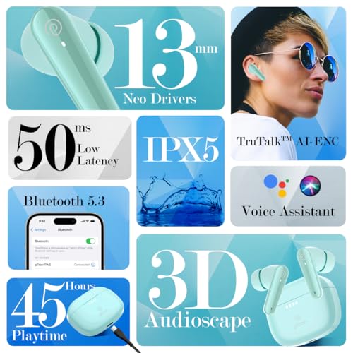 pTron Basspods Tour TWS Earbuds with 3D AudioScape, 45Hrs Playtime, TruTalk AI-ENC Calls, 50ms Low Latency Sync, BT v5.3, Type-C Fast Charging, Voice Asst. & IPX5 Water Resistant (Mint Julep) - Image 2
