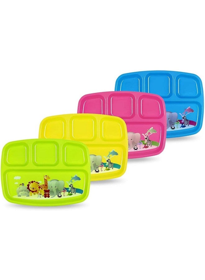 PLASKIDY Toddler Plates With Dividers - Set of 4 Kids Dinner Plates with 4 - Compartment Brightly Colored Children Divided Tray Dishwasher Safe BPA Free Plate With Fun Zoo Design - Image 1