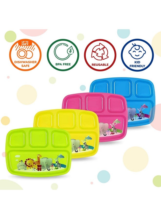 PLASKIDY Toddler Plates With Dividers - Set of 4 Kids Dinner Plates with 4 - Compartment Brightly Colored Children Divided Tray Dishwasher Safe BPA Free Plate With Fun Zoo Design - Image 2