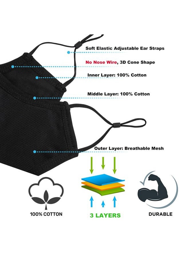 Yarehand Cloth Face Mask, 3-Ply Adjustable Ear Loops, Washable Reusable Cotton Black Sport Masks for Unisex Adults (Pack of 4) - Image 3