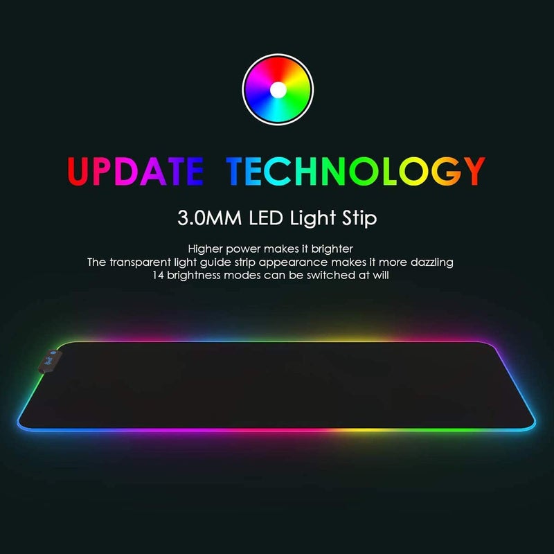 Speed وسادة ماوس للألعاب RGB، إضاءة ناعمة بـ 14 وضع LED، وسادة مكتب للوحة المفاتيح، حصيرة ماوس، قاعدة مطاطية غير قابلة للانزلاق - 78x30 سم - أسود - Image 3