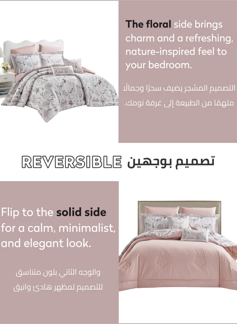 دوناتيلا طقم لحاف قطن 4 قطع مقاس مفرد طوال الموسم سرير مطبوع عليه زهور قابل للعكس (120 * 200 سم) مع حشوة بديلة 350 جرام لكل متر مربع ، رمادي فرنسي