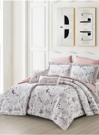 Donetella Cotton Comforter Set 4-Pcs Single Size All Season Reversible Floral Printed Bed Fits(120 X 200 Cm) With 350 GSM Down ALternative Filling,French Grey