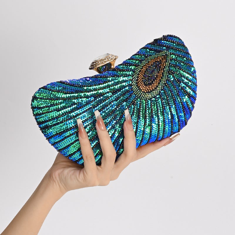 New National Style Chinese Peacock Sequin Embroidered Evening Bag Single Shoulder Crossbody Chain Cheongsam Women'S Small Square Bag - Image 2