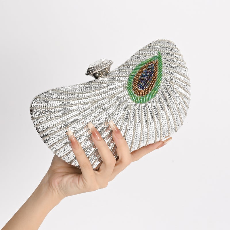 New National Style Chinese Peacock Sequin Embroidered Evening Bag Single Shoulder Crossbody Chain Cheongsam Women'S Small Square Bag - Image 4