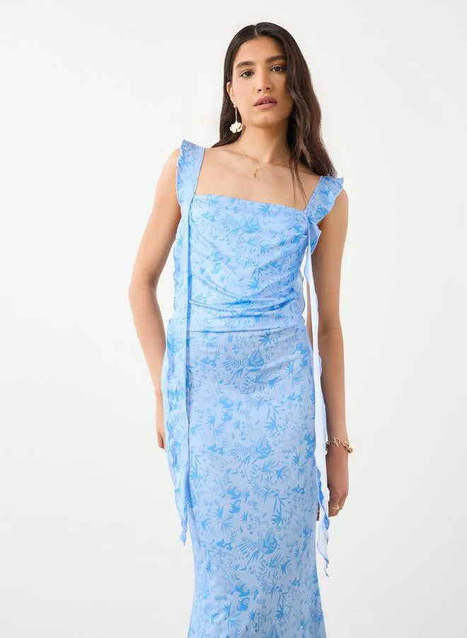 Take Two Take Two Printed Ruffled Strappy Bodycon Midi Dress