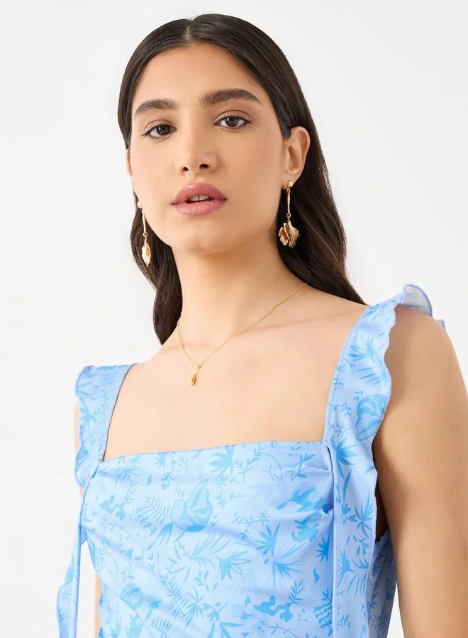 Take Two Take Two Printed Ruffled Strappy Bodycon Midi Dress