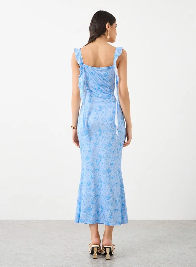 Take Two Take Two Printed Ruffled Strappy Bodycon Midi Dress