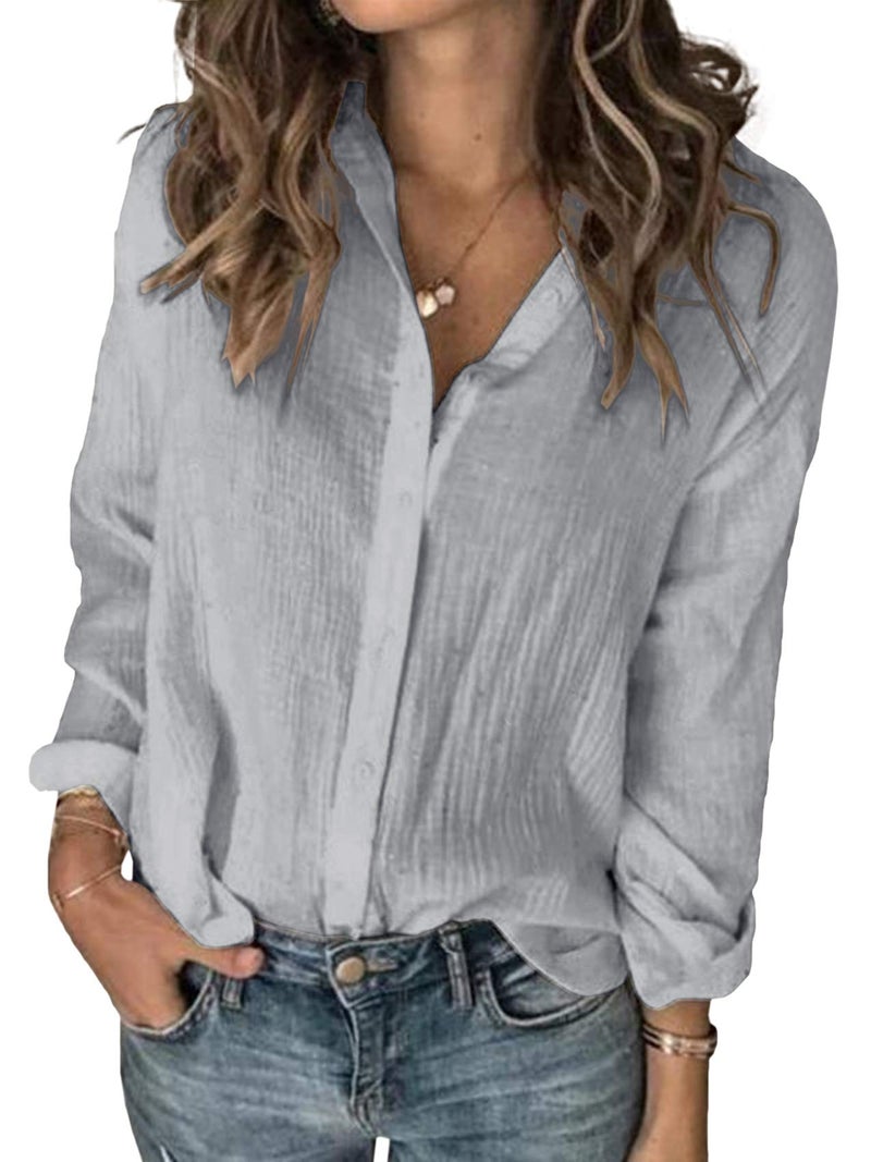 Karlywindow Womens Long Sleeve Button Down Cotton Linen Shirt Blouse Loose Fit Casual V-Neck Tops (Grey, Small) - Image 5